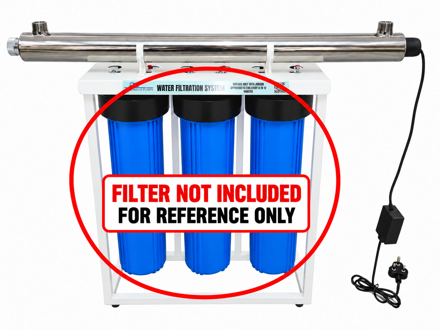 UV water sterilizer mounted above a 3-stage water filter (filter not included)